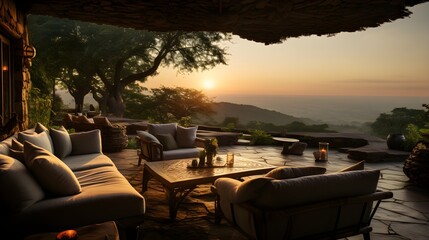 Fototapeta premium An inviting patio offers a breathtaking sunset view over the mountains, creating a sense of calm.