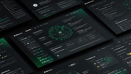 Dark, layered digital interface displays interconnected data panels