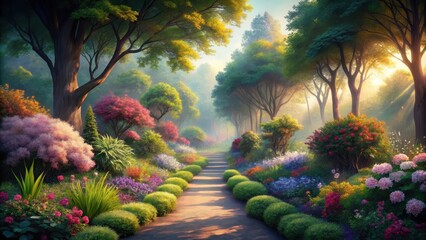 Obraz premium A Serene Path Through a Vibrant, Sunlit Garden Filled with Lush Greenery and Colorful Blooms, a Picturesque Scene of Tranquility and Natural Beauty