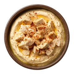 Creamy hummus topped with spiced chicken