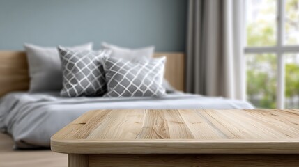 Cozy bedroom with natural light and wooden table