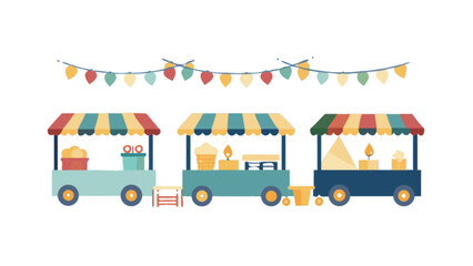 Colorful market stalls and festive flags vector illustration, perfect for fair, festival, and celebration designs, creating a fun and cheerful atmosphere isolated on white background