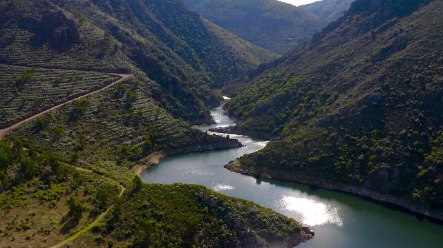 Aerial view from Miradouro da Serpente do Medal, a stunning panoramic view over the Sabor Lakes, namely the Medal Lake and the Sanctuaries Lake.