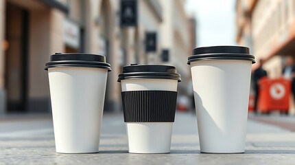Minimalist 3D rendering of disposable white coffee cup with plastic lid, isolated on clean white background, ideal for branding mockup, takeaway beverage packaging, or café design."
