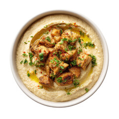 Creamy hummus topped with roasted chicken