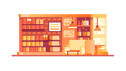 Obraz premium Illustration of a cozy library interior with bookshelves, armchair, and lamps, creating a warm and inviting space for reading and studying, perfect for book lovers and knowledge seekers