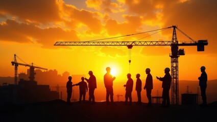 Silhouettes of construction workers observing the breathtaking sunset over a city skyline with cranes