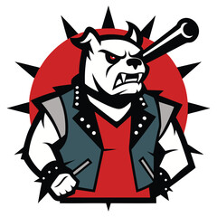 Tough bulldog character wearing a vest and spiked collar