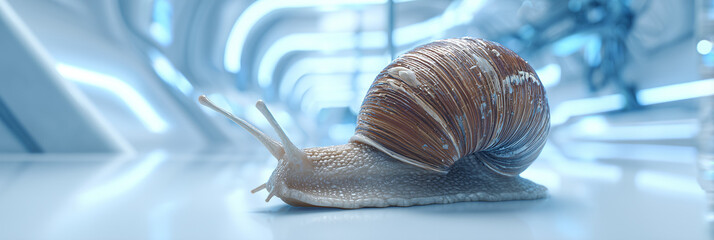 A snail on a modern lab background. Concept of snail mucin application in healthcare, skincare, nutrition product