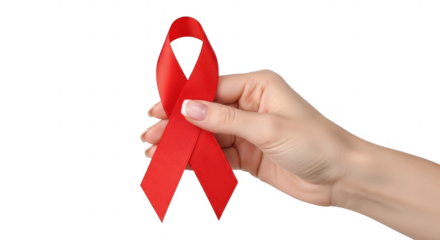 Red aids ribbon held by a hand isolated on transparent background