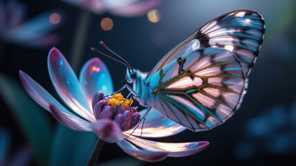 Luminous butterfly with vibrant wings rests on glowing flower, creating magical and serene atmosphere