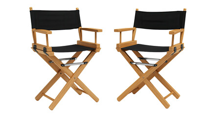 Two identical wooden folding director's chairs.  Black canvas seats and backs.  Light brown wood.  X-shaped legs.  Product image