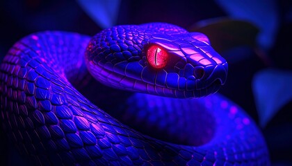 Neon Coiled Serpent with Piercing Red Eyes, Illuminated in Electric Purple Light