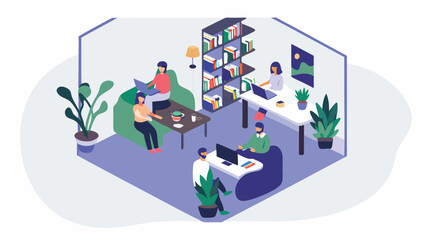 Isometric view of people working in a modern office space with plants and bookshelves and computers
