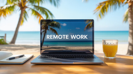Sleek silver laptop on wooden table with beach background, palm trees, and glass of orange juice