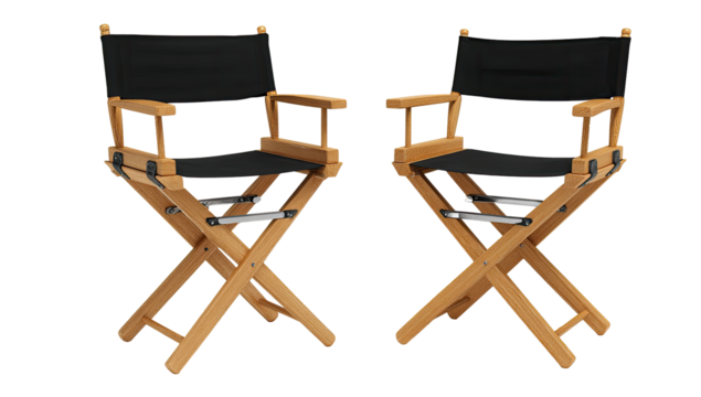 Two identical wooden folding director's chairs.  Black canvas seats and backs.  Light brown wood.  X-shaped legs.  Product image