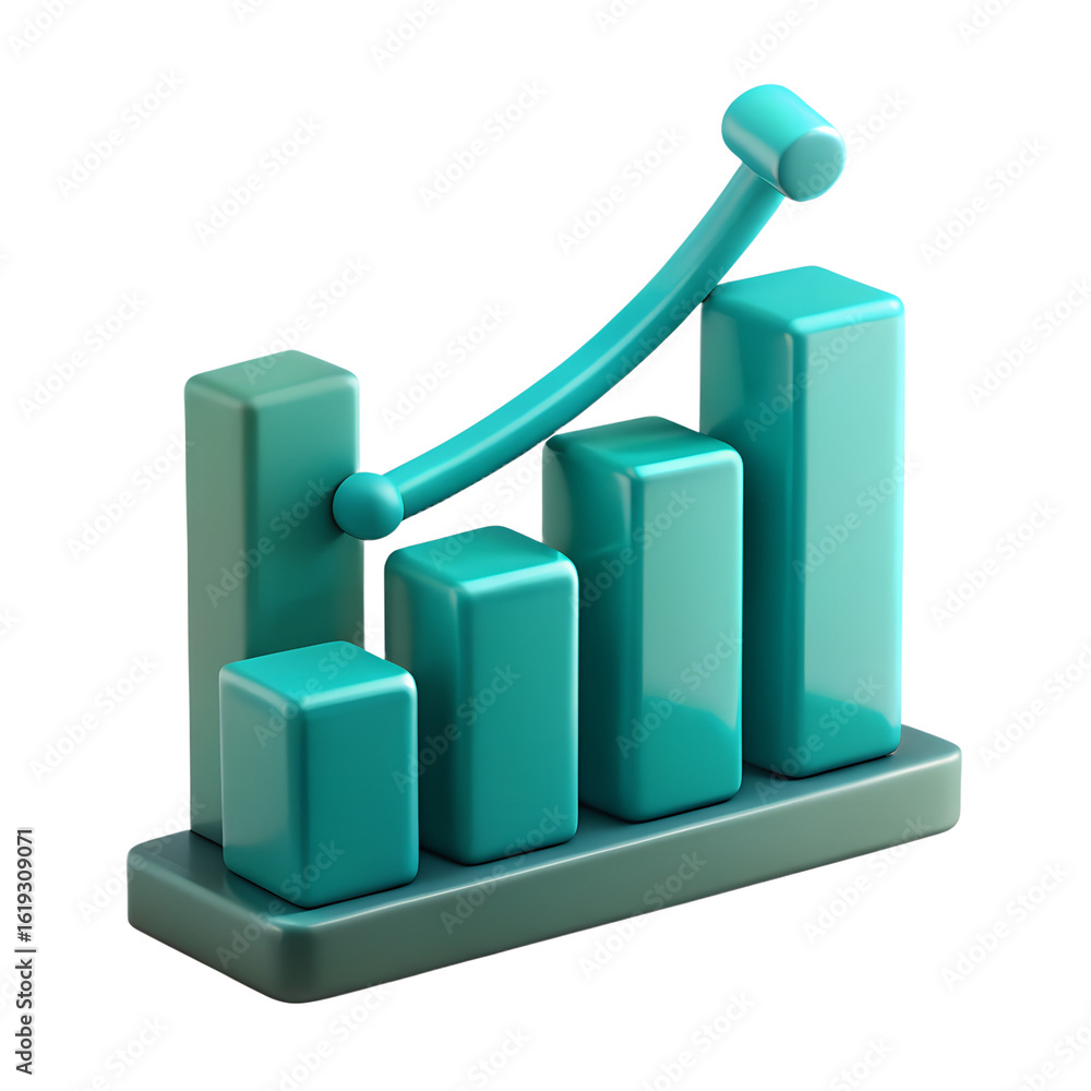 Poster a 3d teal bar graph shows upward growth with a curved line indicating positive progress isolated on 