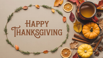 Happy Thanksgiving message surrounded by autumn leaves, pumpkins, and warm drink, creating cozy holiday atmosphere