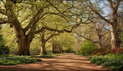 Obraz premium Sunlight-drenched path lined with ancient trees