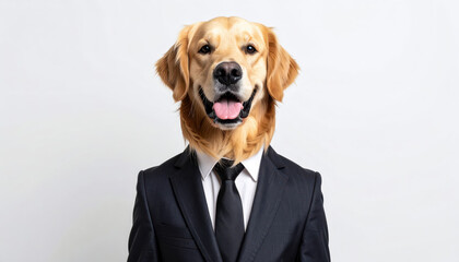Golden retriever in business suit smiling against white background
