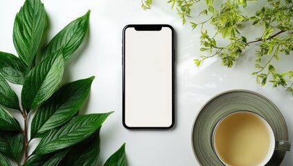 Flatlay Phone mockup, tea, leaves, white background, relaxing