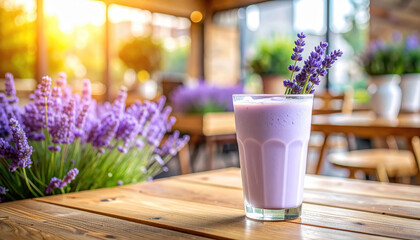 Charming glass of lavender milk drink with sprigs of fresh lavender, set on a rustic café table in golden sunset light.
