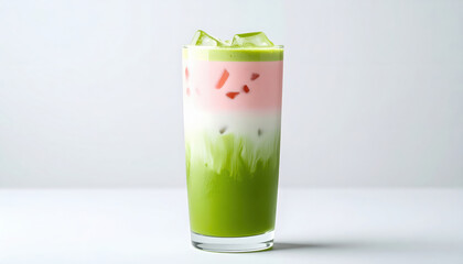 Tall clear glass filled with strawberry matcha iced latte, layered with pink, white, and green, creating refreshing look