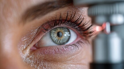 A patient focuses on a vision test while an eye care professional uses specialized equipment to check the individual's eye health and vision clarity.