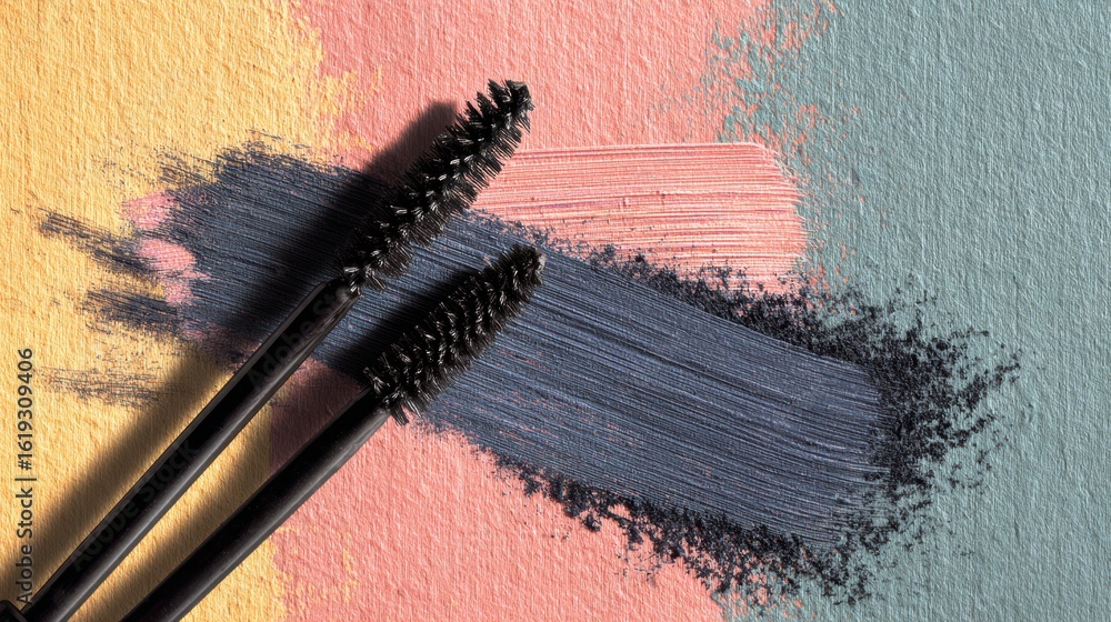 Aufkleber artistic shadows of mascara and brushes create a captivating display on pastel background