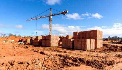 New construction site view with red clay ground and stacked bricks under sunny sky