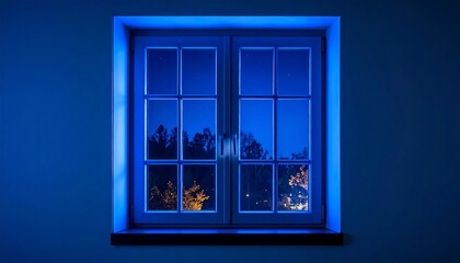 Night window view with deep blue hue, depicting a serene outdoor scene with distant trees