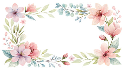 Watercolor floral frame isolated on white background PNG. AI GENERATED.