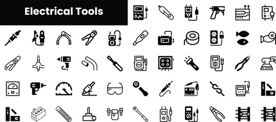 A comprehensive collection of electrical tools icons displayed in a clean, modern design, showcasing various instruments for electrical work.