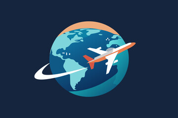 Modern illustration of a white and orange airplane flying around the planet earth