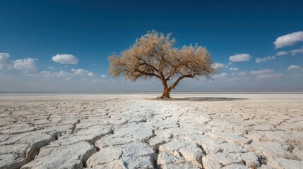 A solitary tree stands resilient in a barren, cracked earth landscape, surrounded by a vast desert under a clear blue sky. Fluffy white clouds drift lazily above.