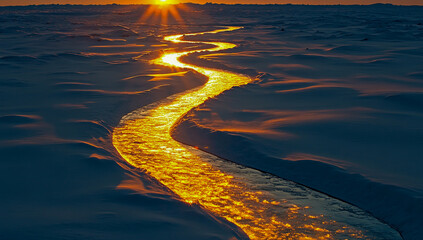 The dazzling sunset, reflecting the flowing waters of the swirling, spiraling river, casts golden light across the frozen landscape.