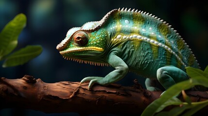 Fototapeta premium A stunning close-up of a vibrant chameleon perched on a tree branch, showcasing its unique patterns and details.
