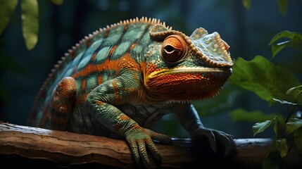 Obraz premium A stunning, colorful chameleon with striking patterns perched on a tree branch.