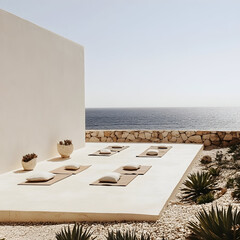 Yoga accessories neatly laid out on white terrace, offering peaceful meditation setting with expansive ocean and cloudless azure sky backdrop