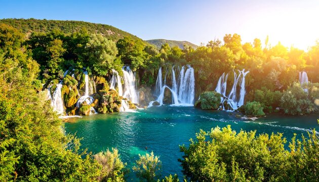 Picturesque waterfalls of Kravice cascading into a serene turquoise lake Bosnia