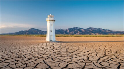 A single white lighthouse stands in a vast dry lakebed with cracked soil patterns,