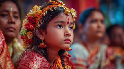 Bhadrapada Navratri traditional observance, young girl dressed as Kumari during Durga puja ritual
