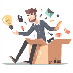 Overwhelmed Cartoon Man with Office Clutter Cartoon style illustration of a man sorting through a box of items