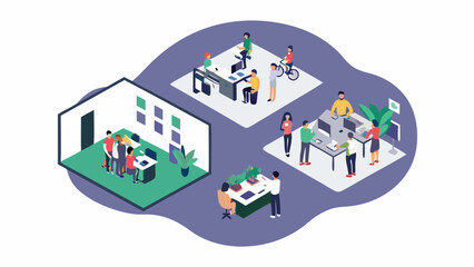 Isometric view of a modern office space with people working and collaborating in different areas and teams