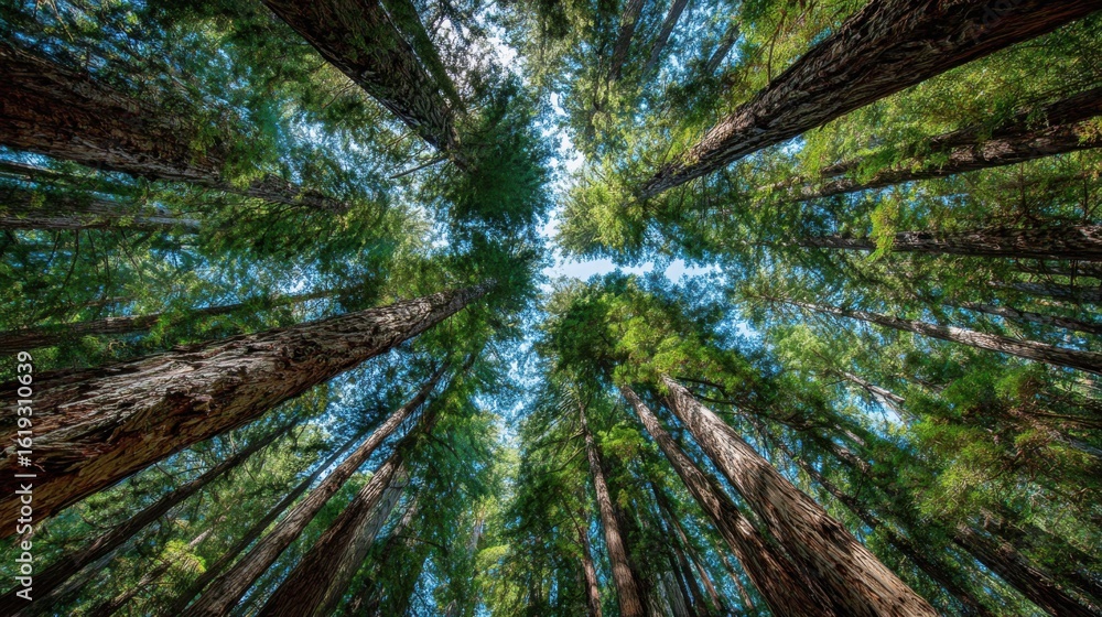 Poster looking up through a dense forest, towering trees stretch towards the sky, surrounded by lush green 
