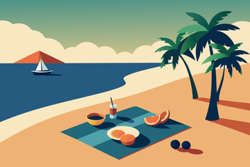 Relaxing beach picnic with tropical drinks fruit and a sailboat on the ocean