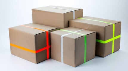 Obraz premium Four sealed cardboard boxes with colorful tapes arranged neatly on a white background,