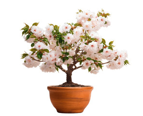 A bonsai tree laden with delicate, pale pink blossoms