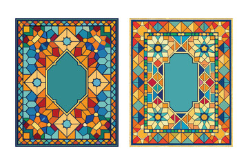 Intricate geometric mosaic patterns with vibrant colors and a central empty space for text or images, inspired by islamic art and traditional tilework, isolated on white background
