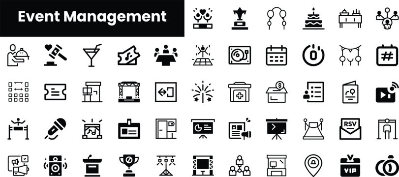 A collection of minimalist icons representing event management elements, including decorations, scheduling, and entertainment options, suitable for planning and organization.